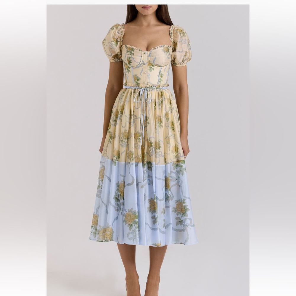 House of CB Penelope Floral Puff Sleeve Corset Chiffon Midi Dress